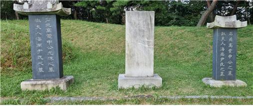 ▲화양면 대등리에 있는 석북 신광수의 묘. 가운데가 묘지명